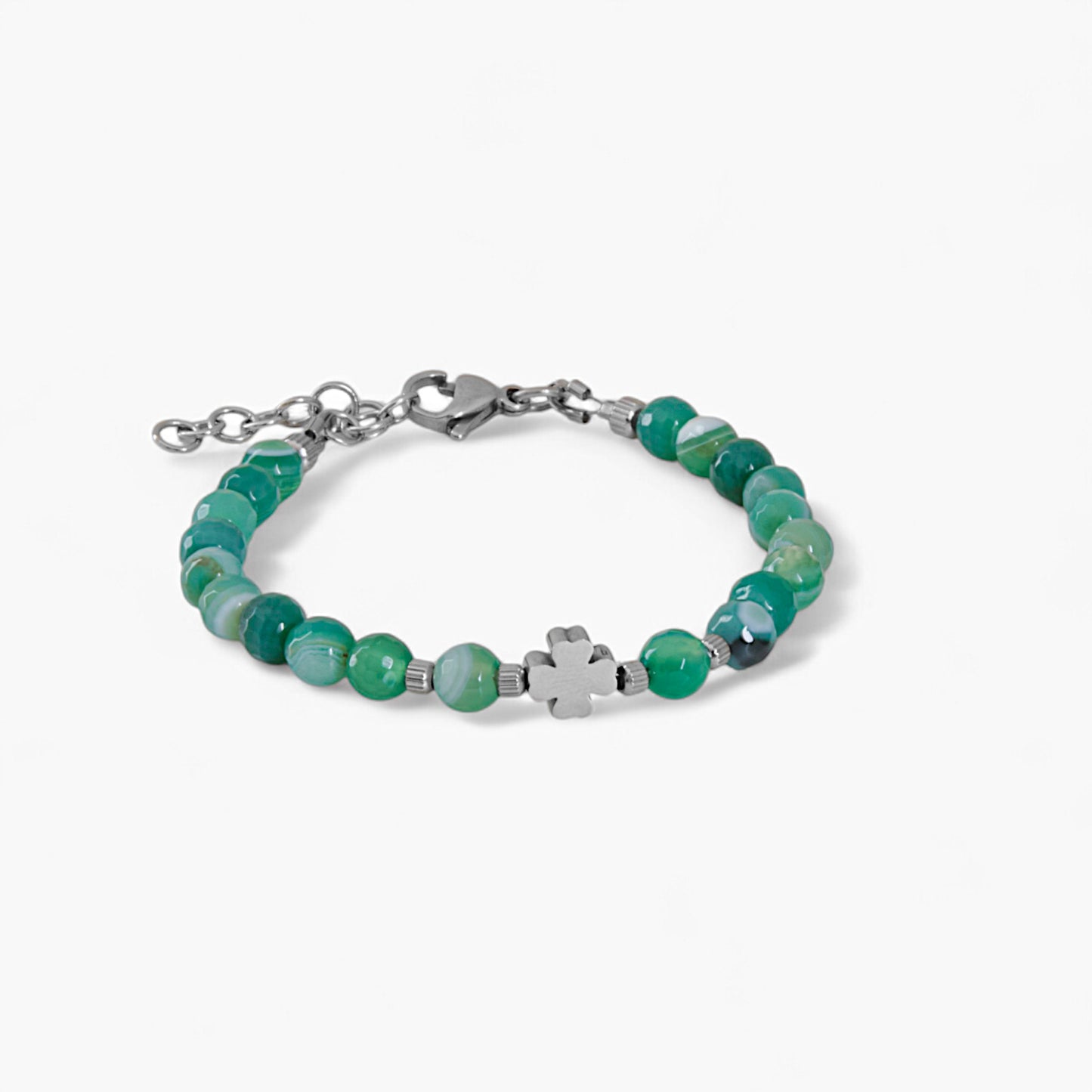 Bracciale in Agata Verde e Charm Quadrifoglio