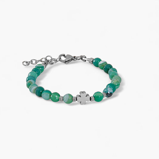 Bracciale in Agata Verde e Charm Quadrifoglio