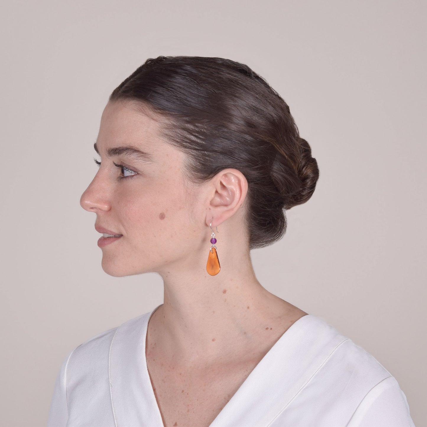 Orange Vegetable Ivory and Amethyst Earrings