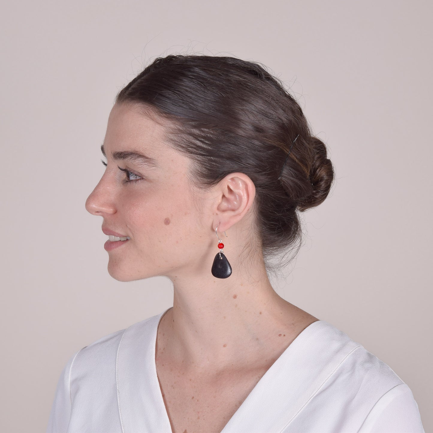 Black Vegetable Ivory and Red Agate Earrings
