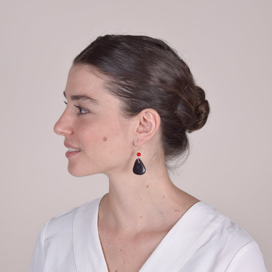 Black Vegetable Ivory and Red Agate Earrings