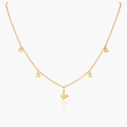 Collana Placcata Oro 18K con Pendente Farfalla e Charms Cuori