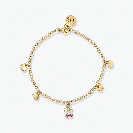 Bracciale Placcato Oro 18k con Charms Cuori e Zirconi a Forma di Ciliegia