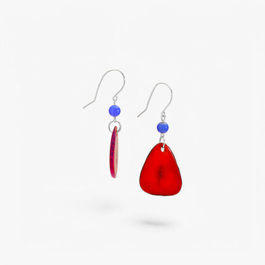 Red Vegetable Ivory and Blue Agate Earrings