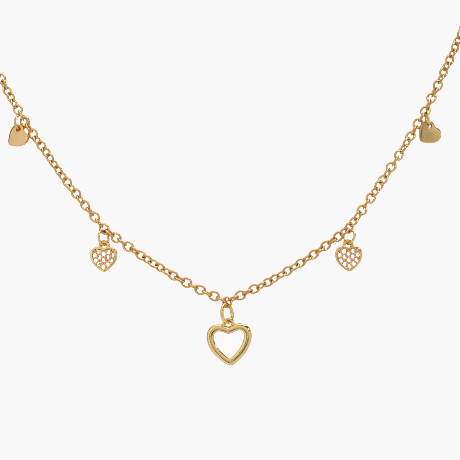 Collana oro placcato 18k con charm cuore e pendenti in zirconi e acciaio inossidabile.