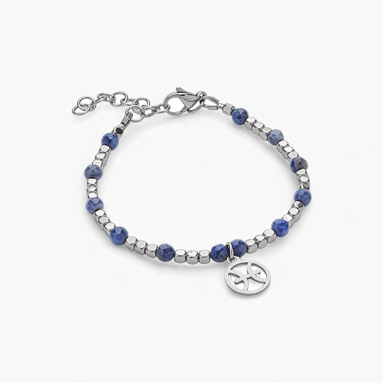Bracciale con segno zodiacale in pietre naturali, lapislazzuli blu e chiusura regolabile in acciaio inox.
