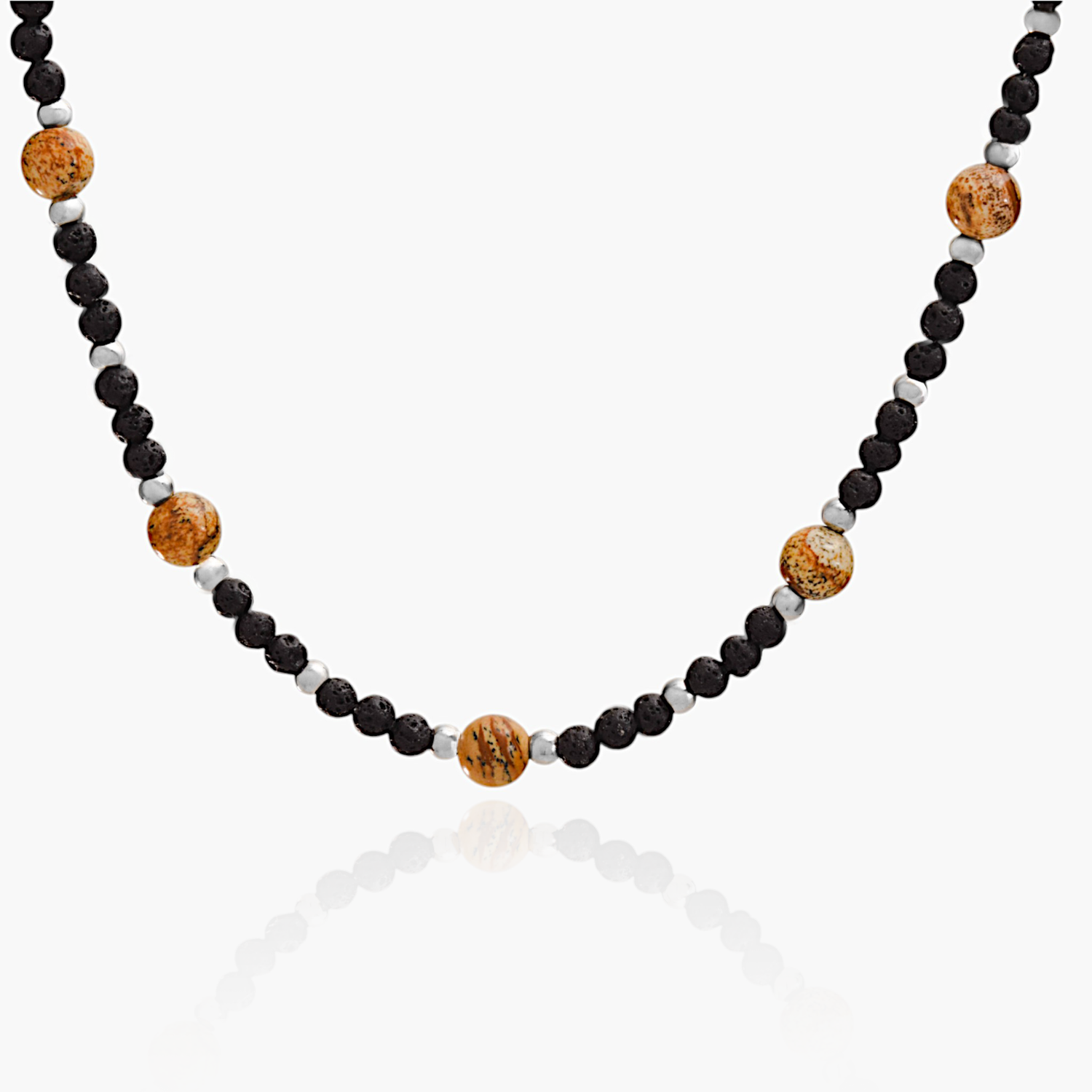 Collana Uomo in pietre naturali, pietra lavica e pietra paesina con chiusura regolabile in acciaio inossidabile.