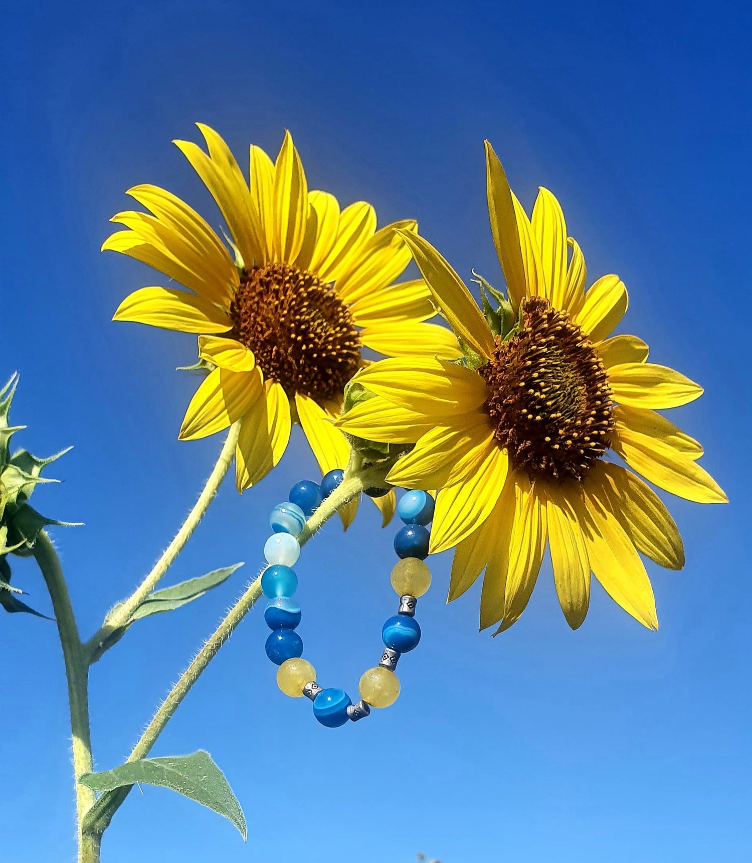 Foto bracciale in pietre naturali con sfondo di un campo fiorito.