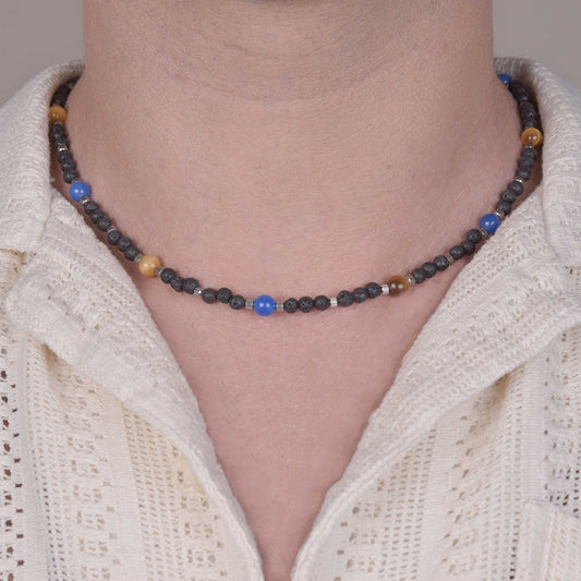 Collana in Pietra Lavica, Agata Blu e Occhio di Falco