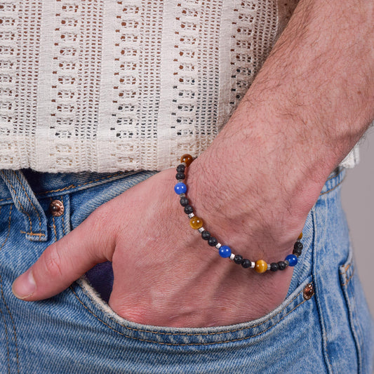 Bracciale in Occhio di Falco, Agata Blu e Pietra Lavica