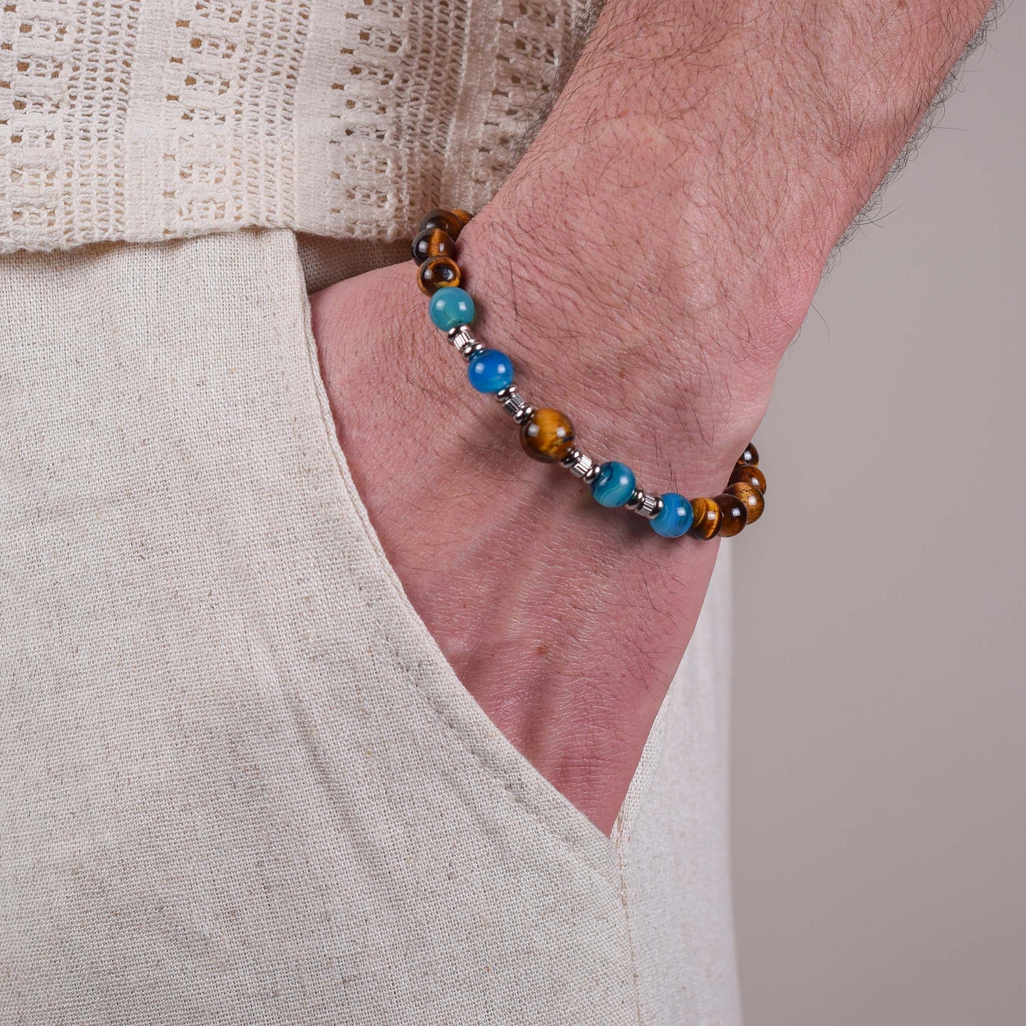 Bracciale in Occhio di Tigre e Agata Blu