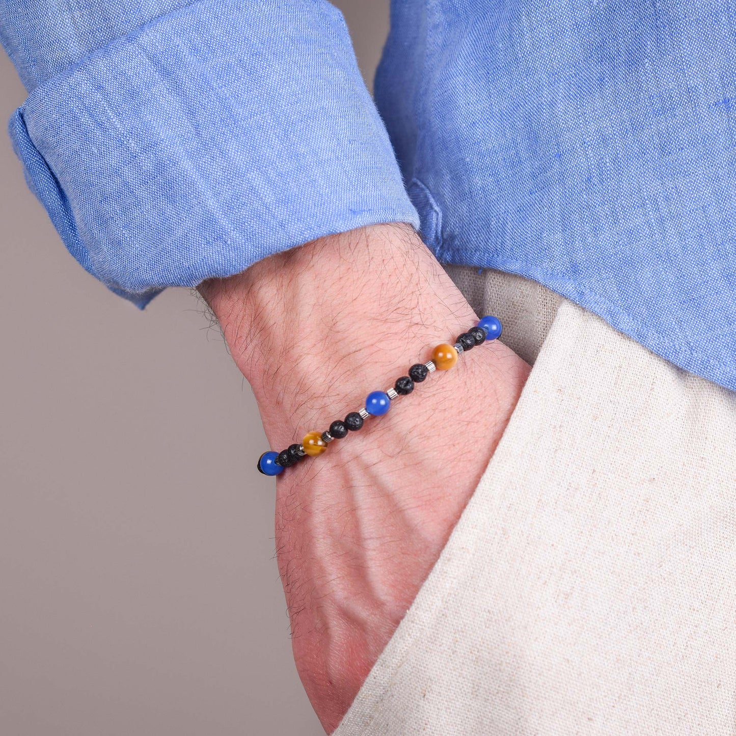 Bracciale in Occhio di Falco, Agata Blu e Pietra Lavica