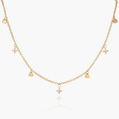 Collana Placcata Oro 18K con Charms Stella, Zirconi e Cuori