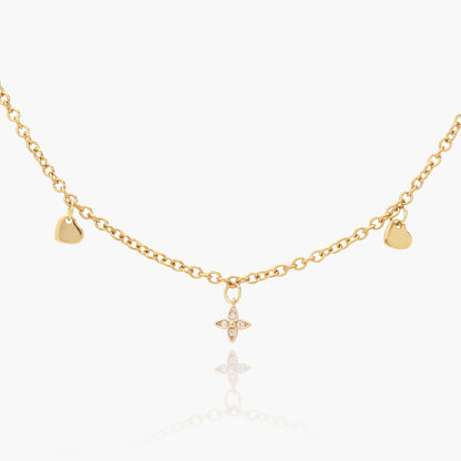 Collana Placcata Oro 18K con Charms Stella, Zirconi e Cuori