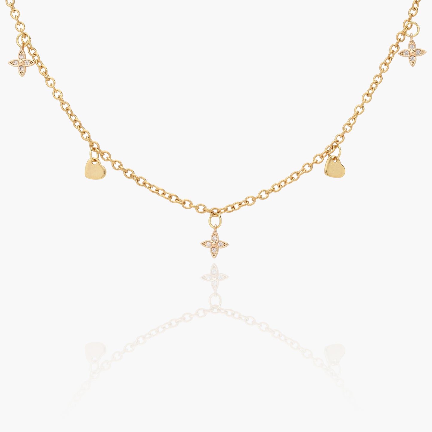 Collana Placcata Oro 18K con Charms Stella, Zirconi e Cuori