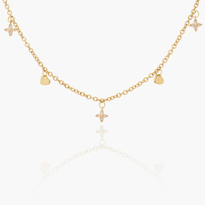Collana Placcata Oro 18K con Charms Stella, Zirconi e Cuori