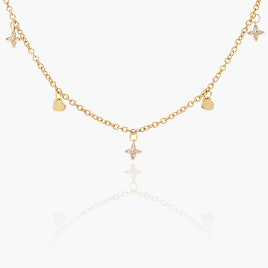Collana Placcata Oro 18K con Charms Stella, Zirconi e Cuori