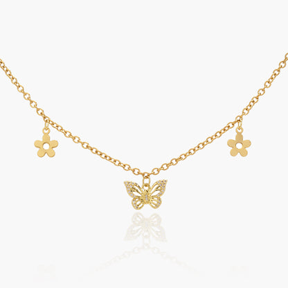 Collana  Placcata Oro 18K con Pendente Farfalla e Charms Cuori