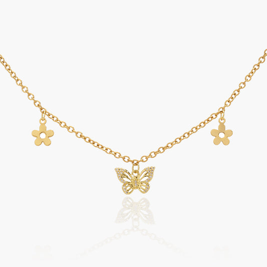 Collana  Placcata Oro 18K con Pendente Farfalla e Charms Cuori