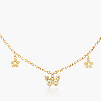 Collana  Placcata Oro 18K con Pendente Farfalla e Charms Cuori