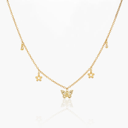 Collana  Placcata Oro 18K con Pendente Farfalla e Charms Cuori