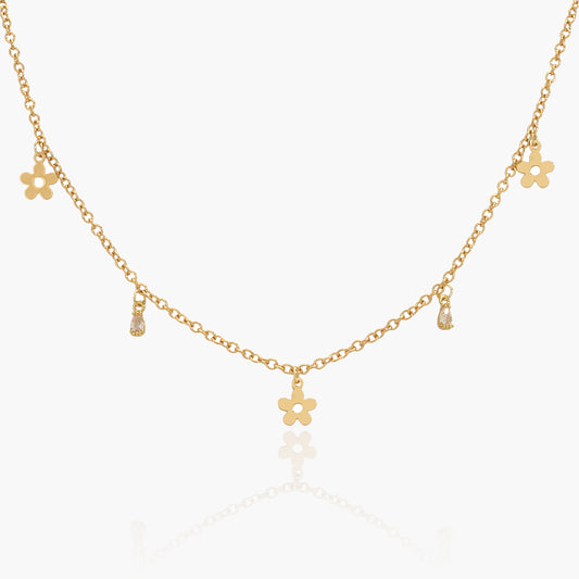 Collana Placcata Oro 18K con Pendenti Fiori e Zirconi a Goccia