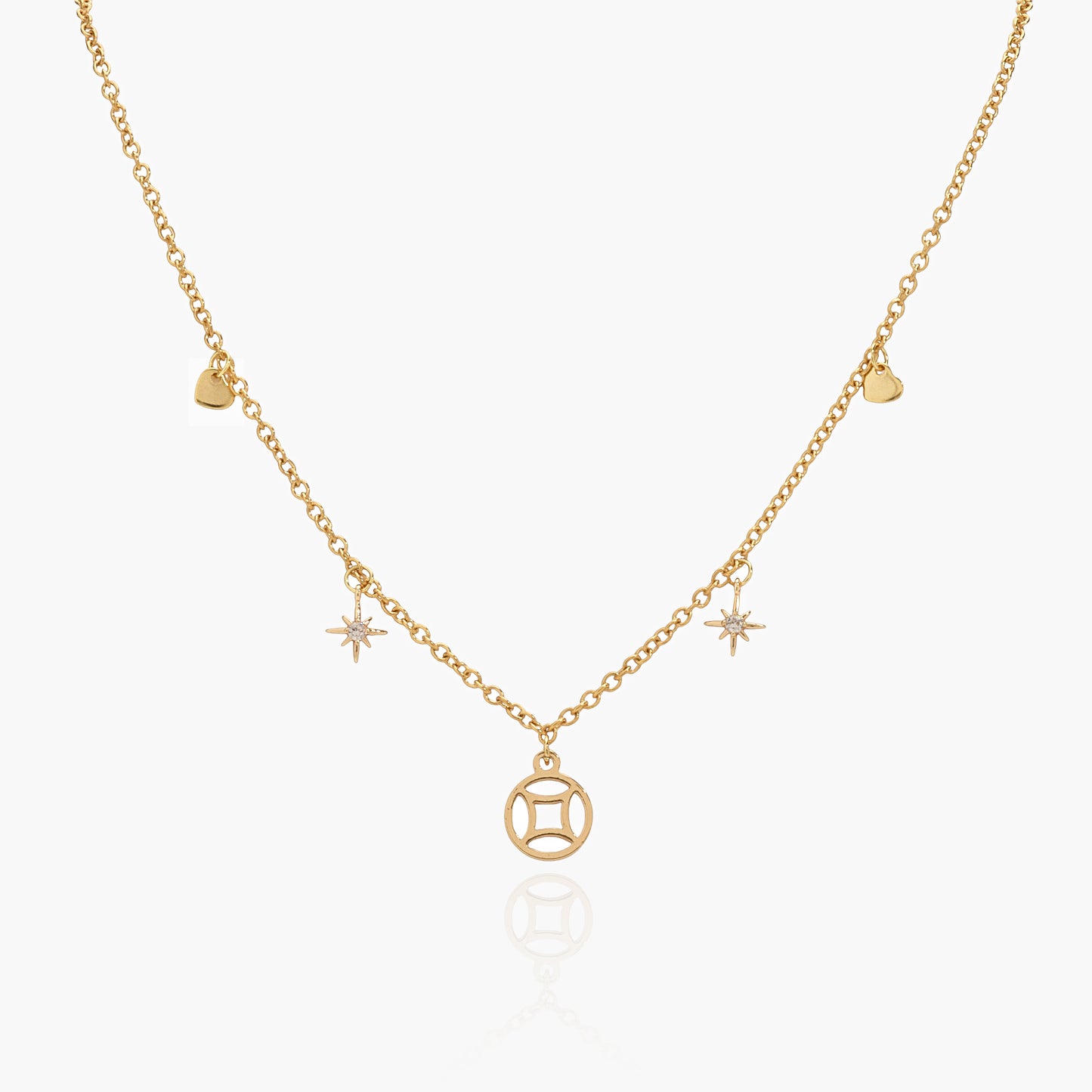 Collana Placcata Oro 18K con Pendente Geometrico, Rosa dei Venti e Cuori