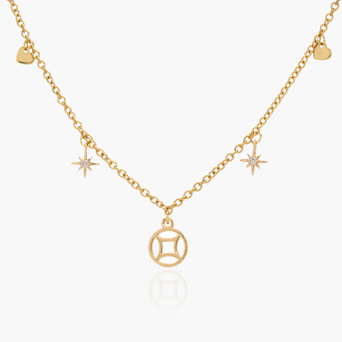 Collana Placcata Oro 18K con Pendente Geometrico, Rosa dei Venti e Cuori