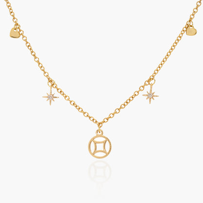 Collana Placcata Oro 18K con Pendente Geometrico, Rosa dei Venti e Cuori
