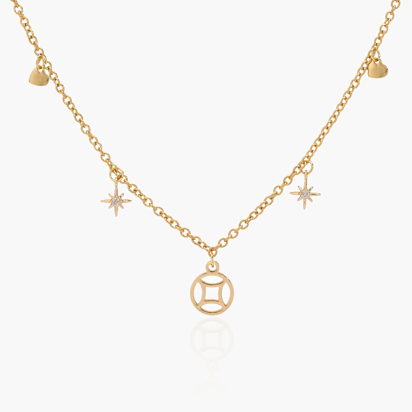 Collana Placcata Oro 18K con Pendente Geometrico, Rosa dei Venti e Cuori