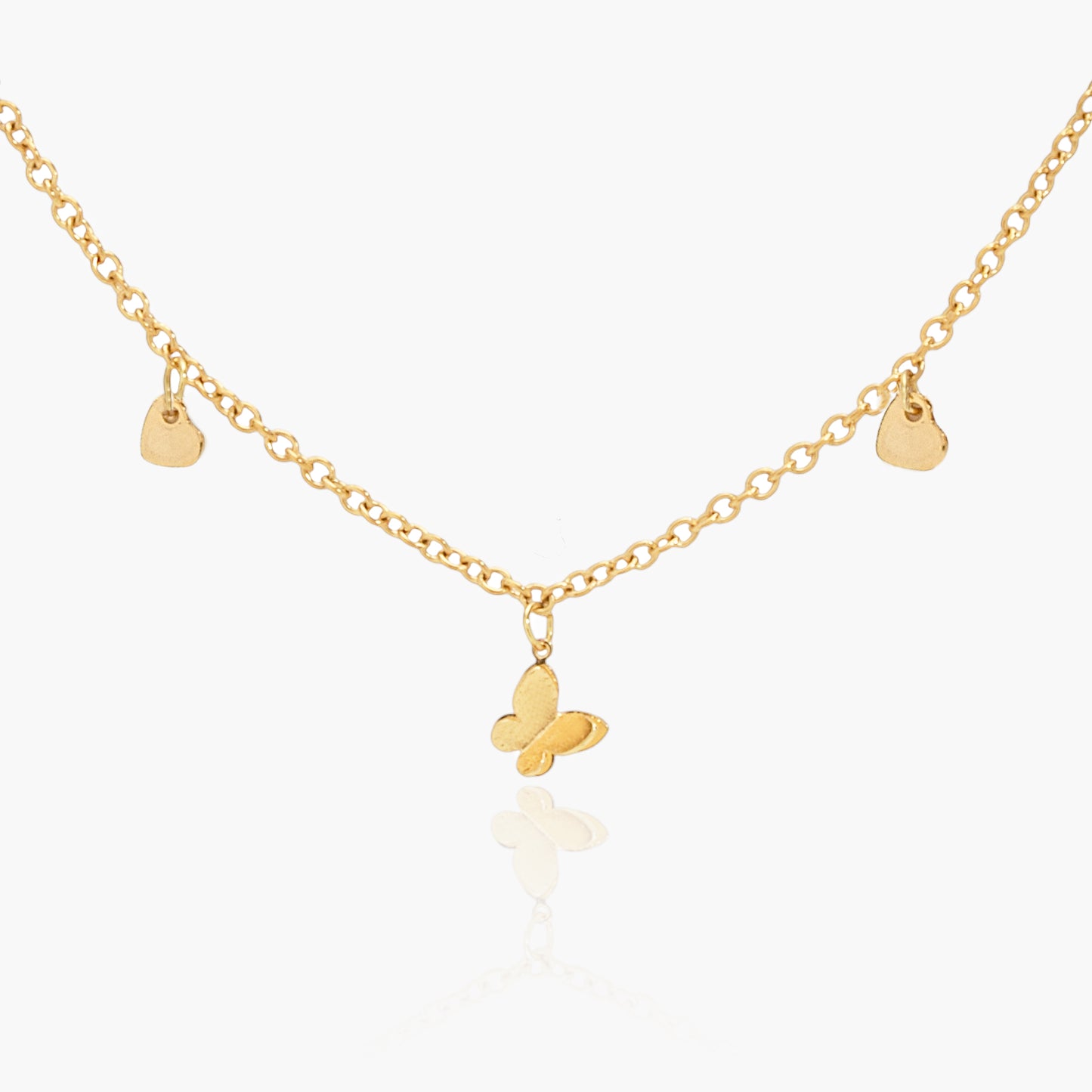 Collana Placcata Oro 18K con Pendente Farfalla e Charms Cuori