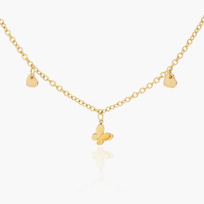 Collana Placcata Oro 18K con Pendente Farfalla e Charms Cuori