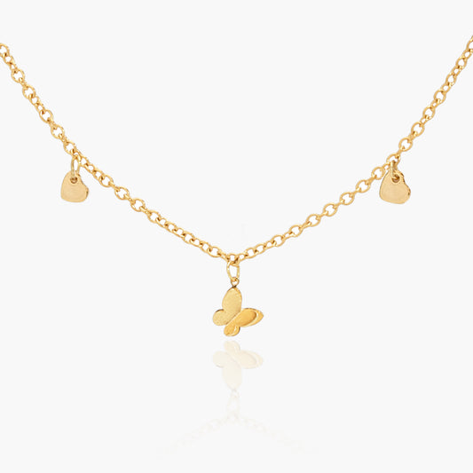 Collana Placcata Oro 18K con Pendente Farfalla e Charms Cuori