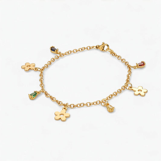 Bracciale Placcato Oro 18k con Charms Fiori e Zirconi