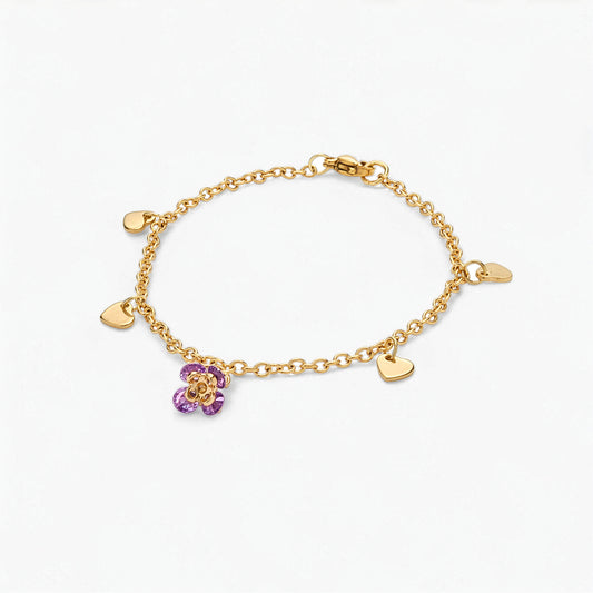 Bracciale Placcato Oro 18k con Charms Fiore lilla e Cuori