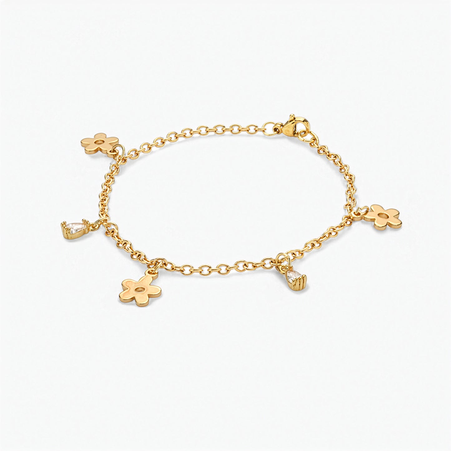 Bracciale Placcato Oro 18k con Charms Fiori e Zirconia Trasparente