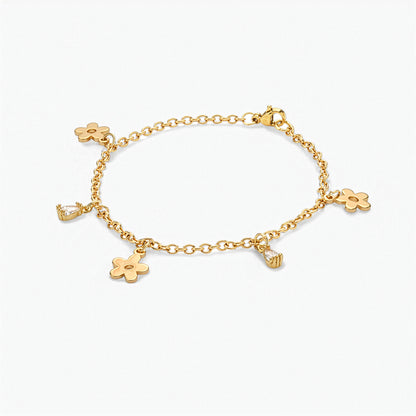 Bracciale Placcato Oro 18k con Charms Fiori e Zirconia Trasparente
