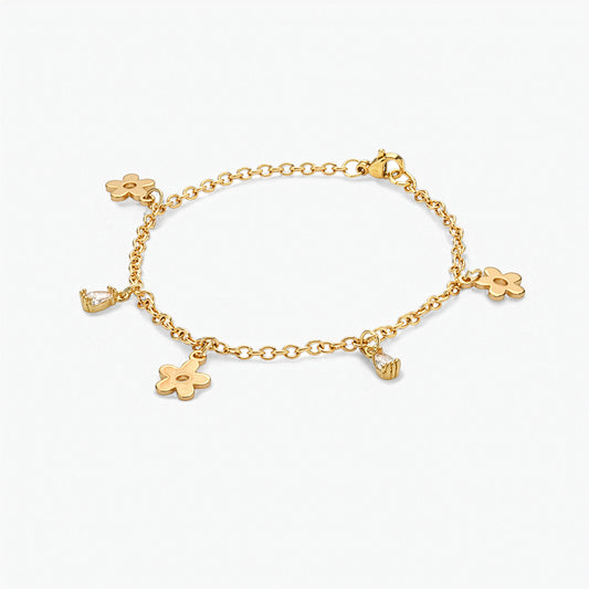 Bracciale Placcato Oro 18k con Charms Fiori e Zirconia Trasparente