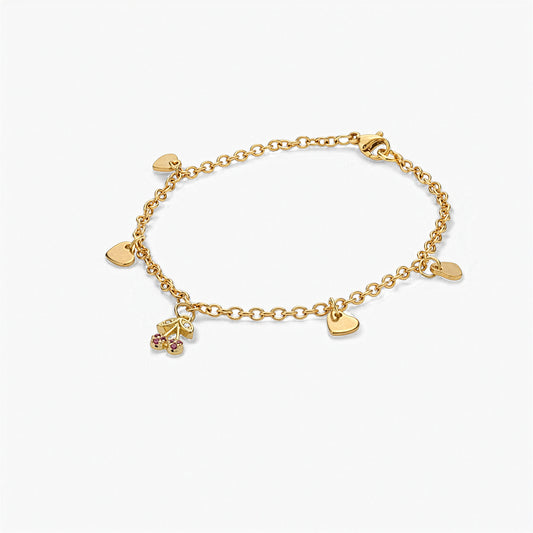 Bracciale Placcato Oro 18k con Charms Cuori e Zirconi a Forma di Ciliegia