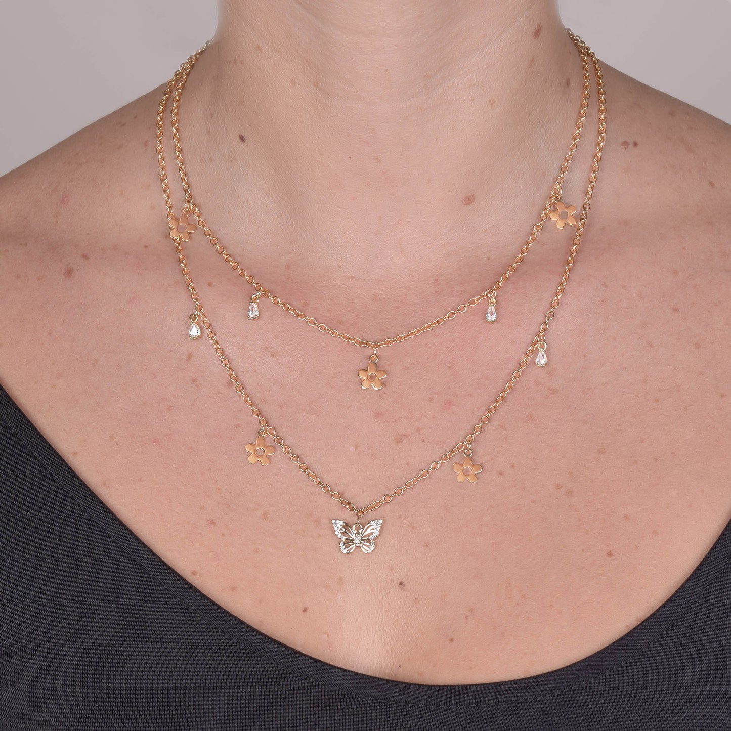 Collana Placcata Oro 18K con Pendenti Fiori e Zirconi a Goccia