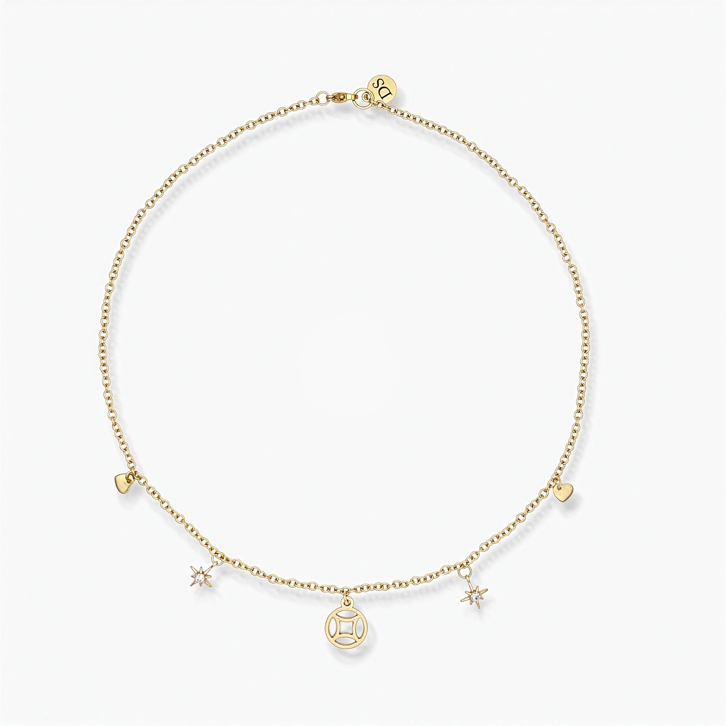 Collana Placcata Oro 18K con Pendente Geometrico, Rosa dei Venti e Cuori