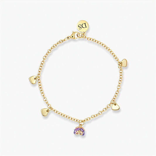 Bracciale Placcato Oro 18k con Charms Fiore lilla e Cuori