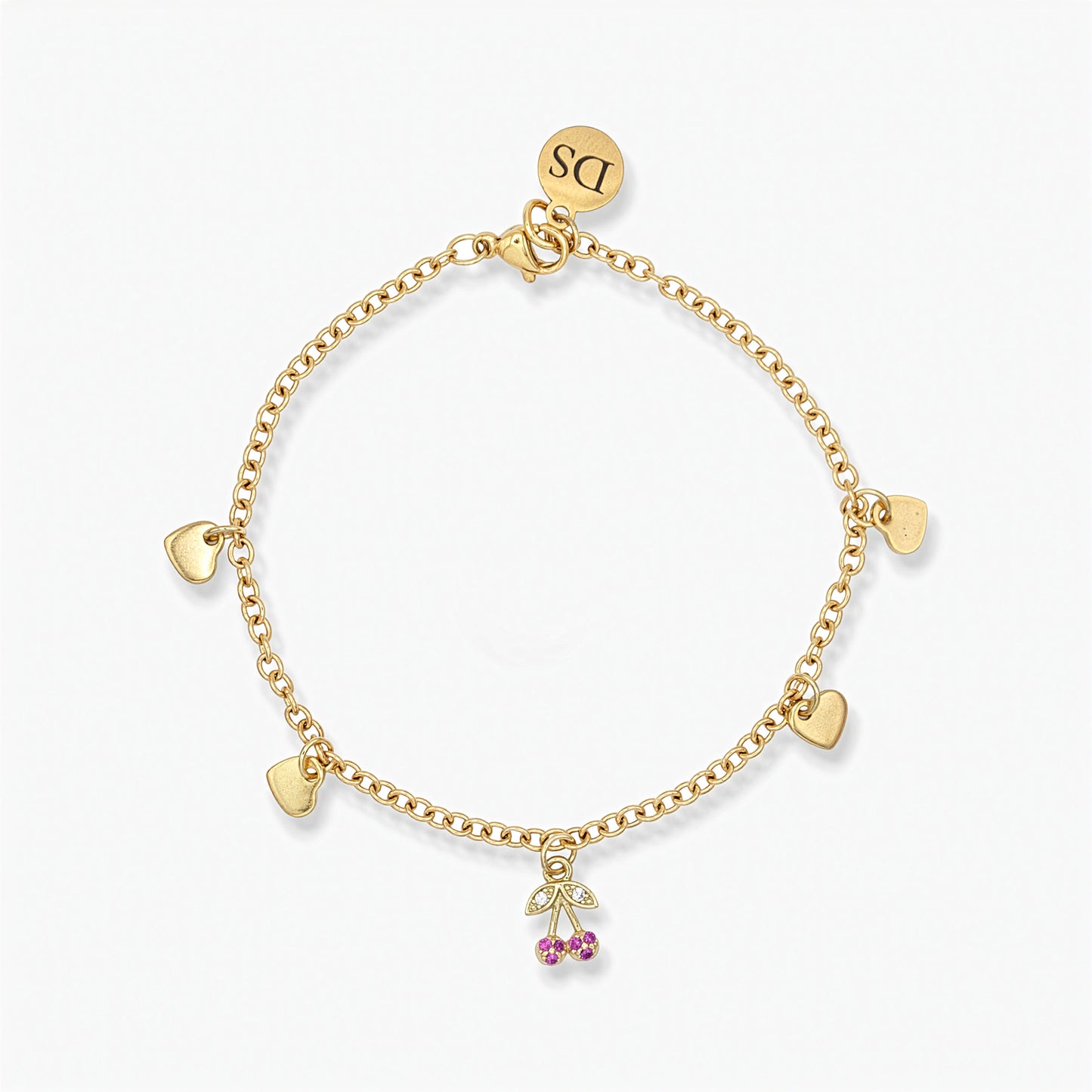 Bracciale Placcato Oro 18k con Charms Cuori e Zirconi a Forma di Ciliegia