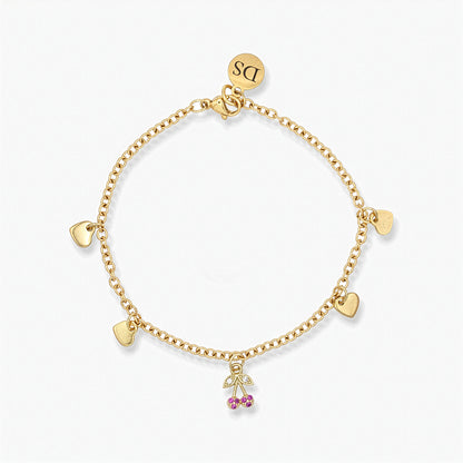Bracciale Placcato Oro 18k con Charms Cuori e Zirconi a Forma di Ciliegia