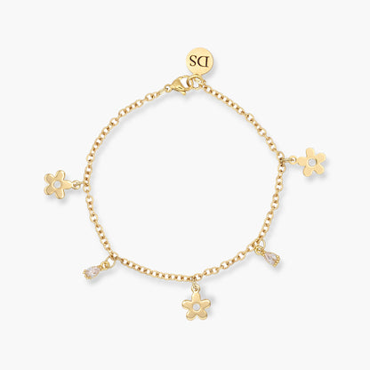 Bracciale Placcato Oro 18k con Charms Fiori e Zirconia Trasparente