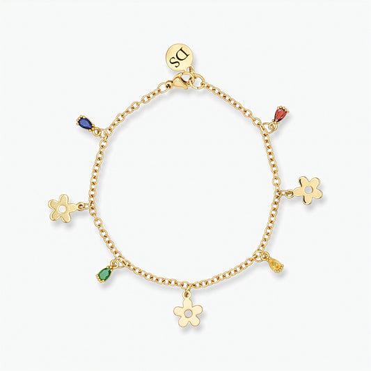 Bracciale Placcato Oro 18k con Charms Fiori e Zirconi