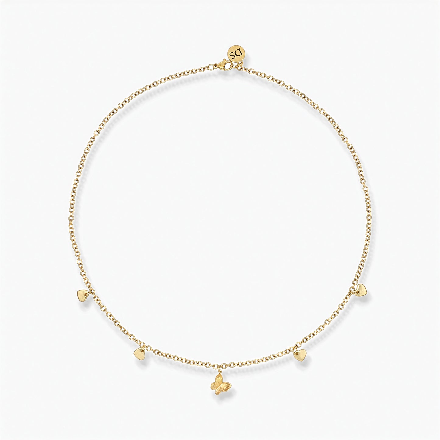 Collana Placcata Oro 18K con Pendente Farfalla e Charms Cuori