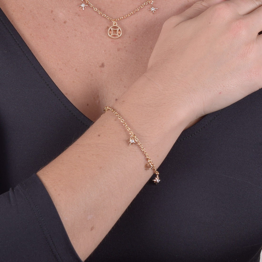 Bracciale Placcato Oro 18k con Charms Rosa dei Venti e Cuore