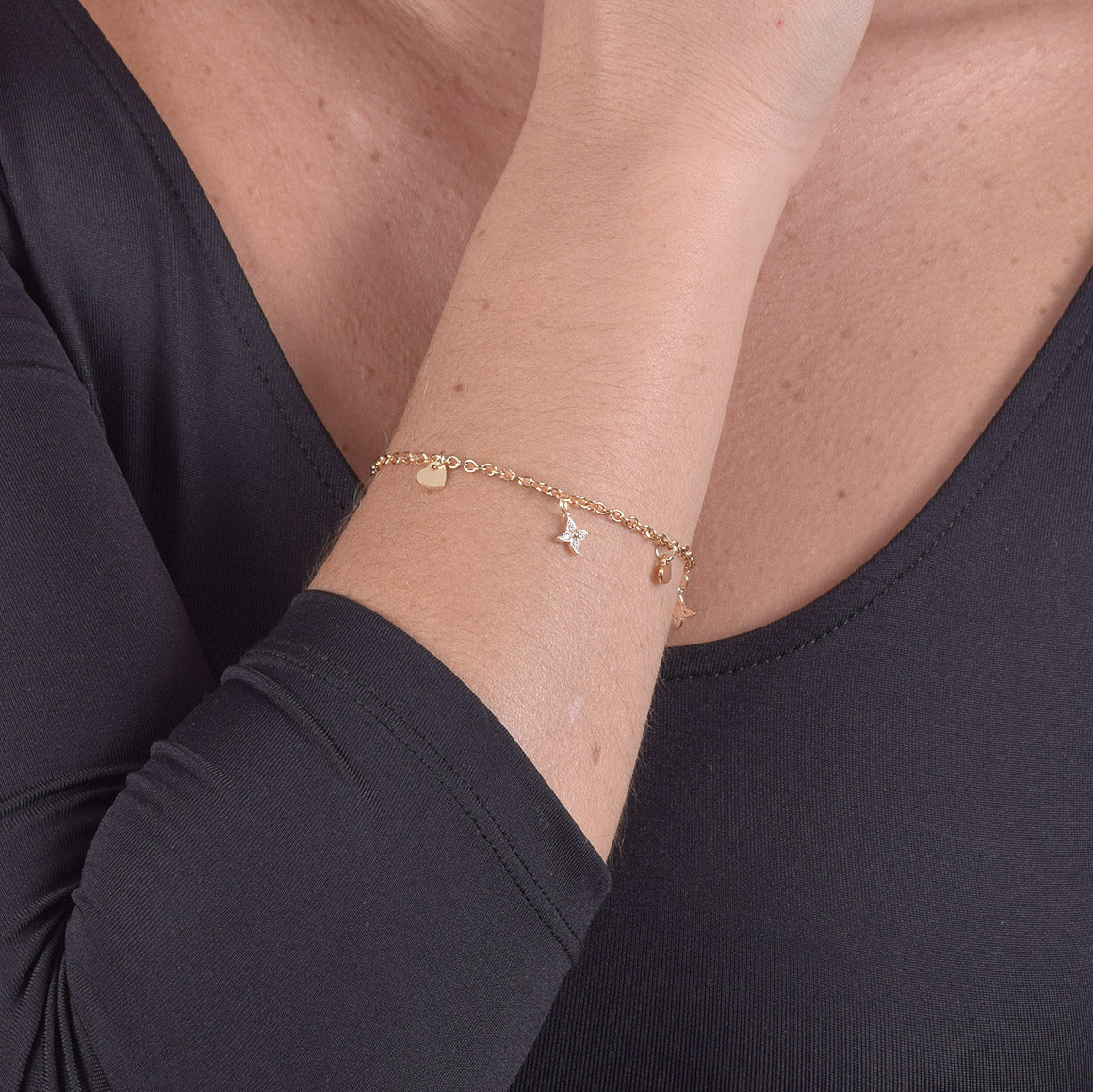 Bracciale Placcato Oro 18k con Charms Cuori e Stelle con Zirconi