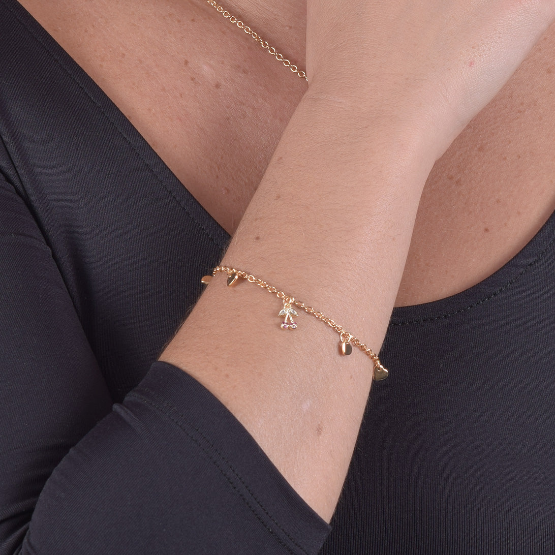 Bracciale Placcato Oro 18k con Charms Cuori e Zirconi a Forma di Ciliegia